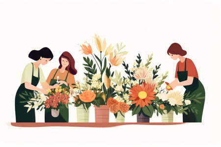 Happy Woman in a Floral Cartoon Garden: Young Female Gardener Watering Plants in a Modern Interiorの素材