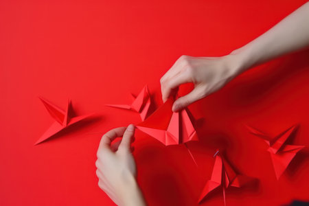 Origami Paper Hand: A Vibrant Craft of Love and Creativity on Green Backgroundの素材