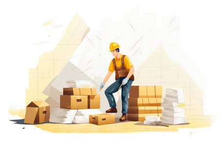Professional Construction Engineer Working in Safety Helmet, Delivering Tools and Building Supplies on a Cartoonish Construction Siteの素材