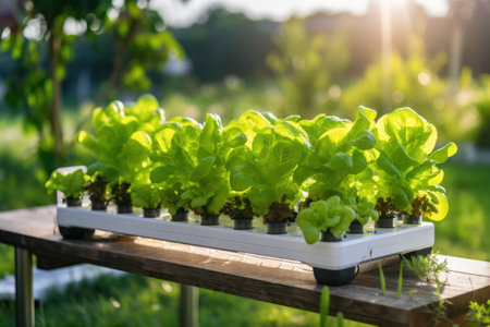 Fresh Organic Vegetable Lettuce: Vibrant Green Growth in a Modern Hydroponic Greenhouseの素材