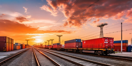 Sunset Shipment: A Serene Freight Train Journey Through an Industrial Landscape.の素材