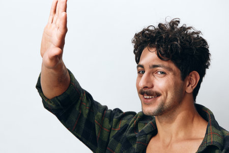 Man trendy guy happiness smile white shirt portrait fashion handsome face hipster copyspaceの写真素材