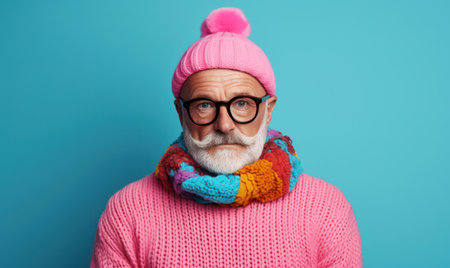 Confident Senior Gentleman with a Stylish White Beard and Modern Hair, Wearing a Trendy Hat and Fashionable Winter Sweater, Posing in a Studio with a Grey Backgroundの素材