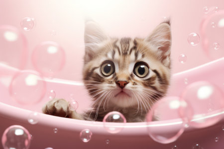Cute Kitten with Fluffy Fur and Playful Red Paw, Sitting on a Soft Blanket with a Pretty Portrait Backgroundの素材