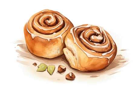 Delicious Homemade Cinnamon Bun: A Sweet and Tasty Pastry Delight on a White Background with a Swirl of Brown Sugar, Freshly Baked and Iced with Gourmet Delight.の素材