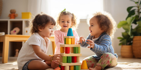Playing and Learning Together: Little Caucasian Kids Building Colorful Block Towers in an Adorable Preschool Classroomの素材