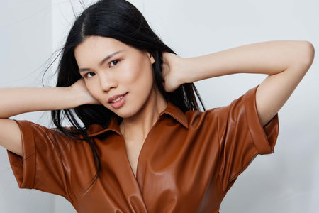 Woman beauty beige portrait glamour hair fashion asianの写真素材