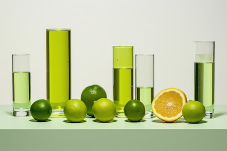Fresh Organic Citrus Juice in Green Glass Bottle on Wooden Table with Colorful Fruits and Leaves Backgroundの素材