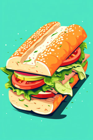 Delicious, Juicy, Gourmet Burger - A Mouthwatering Fast Food Meal with Savory Meat, Fresh Lettuce, and Melted Cheese, Served on a Soft Sesame Bun. Background Illustration of Grilled Tomato, Onion, and Cucumber; a Tasty Snack for Lunch or Dinner.の素材