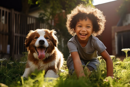 Playful Dog and Happy Kids in the Green Park: A Cute Portrait of Friendshipの素材