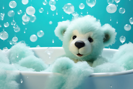 Cute Teddy Bear Toy, Childhood Love in a Soft and Fluffy Brown and White Plush, Sitting Patiently on a Blue Bed, With a Vintage Background: "Sweet Care - Pediatric Comfortの素材