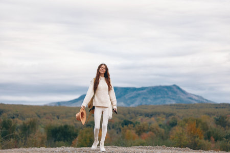 Mountain Woman: A Phone Call to Natures Freedomの写真素材