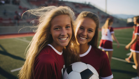 Joyful Females Engaged in Outdoor Soccer Match: Smiling Athletes Embracing Teamwork and Friendship under Bright Sky on Green Grass Field.の素材