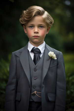 Confident Young Boy in a Stylish White Suit, Posing Outdoors with a Cute Smile and Attractive Eyes on a School Backgroundの素材