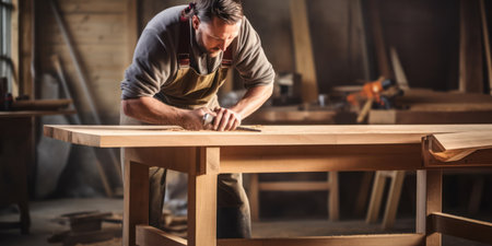 Craftsman in Woodworking Workshop, Creating Furniture: Carpenters Mastery Shaping Timberの素材