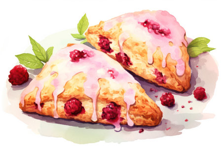 Delicious Homemade Sweet Pastry Cake: A Tasty and Fresh Berry Delight on a Wooden Plate with Creamy Slice, Red Cherry, and Blueberry Filling.の素材