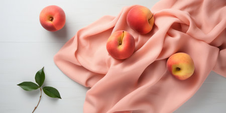 Peach Summer: Ripe, Fresh, Organic Fruit on Wooden Table - Healthy, Sweet, and Delicious Snack on Green Leaf with Blue Backgroundの素材