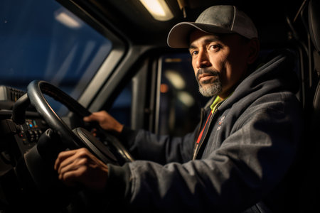 Serious Caucasian Male Truck Driver Portrait, Hand on Wheel, Pensive Expression, Working in Transportation Serviceの素材