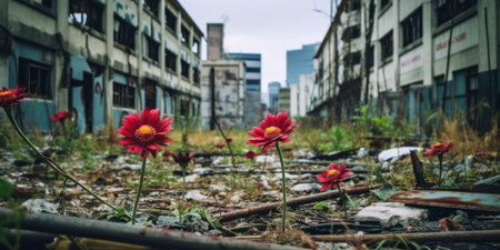 Blooming Beauty: A Colorful Garden on an Abandoned Urban Streetの素材