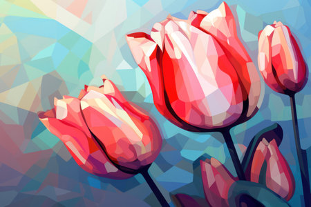 Spring Floral Explosion: A Vibrant Bouquet of Red Tulips in a Colorful Garden, an Artistic Illustration on a Fresh Green Backgroundの素材
