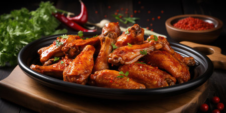 Delicious Chicken Wings with Spicy Buffalo Sauce on a Wooden Plate, Served as a Tasty Appetizer in a Traditional American Pub - Closeup Backgroundの素材