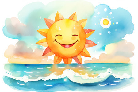 Sunny Cartoon Sun Illustration - Happy Yellow Cute Funny Symbol on a Bright Graphic Backgroundの素材
