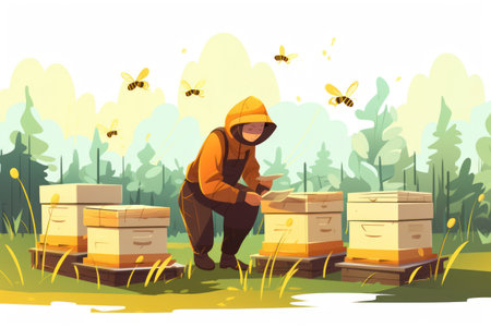 Busy Bee in a Honeycomb Hive: Illustration of a Hardworking Bee in a Vibrant, Organic Beehive, Surrounded by Sweet Yellow Honey, Nature and Insectsの素材