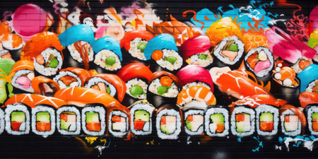 Delicious, Fresh Japanese Salmon Sushi Roll: A Colorful, Tasty Assortment of Traditional Maki and Nigiri on a Plate, Served on a Oriental Background with a Closeup of Healthy Raw Fish and Freshly Sliced Avocado, accompanied by Gourmet Seafood such as Tunaの素材