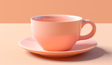 Cup of Morning Tranquility: A peaceful, minimalist scene with an empty white mug on a clean table, set against a simple and modern background; the yellow saucer and blue accents add a touch of color.の素材