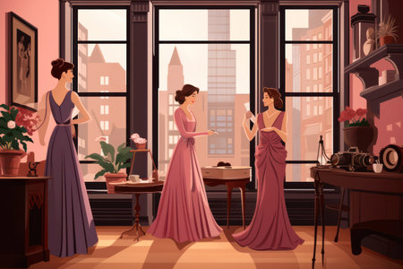 Urban Style: A Beautiful Cartoon Illustration of a Trendy, Happy Young Woman Sitting at a Modern Office Table in a Fashionable Interior Design with Flat Furniture Decoration and a Cityscape View from the Window.の素材