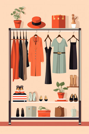 Fashion Illustration Set: Modern Womens Wardrobe, Stylish Clothes, and Accessories on a Casual Store Shelf Backgroundの素材