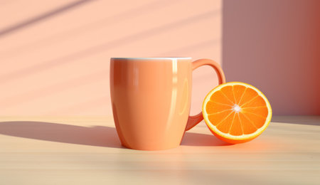 Refreshing Morning Tea with Fruity Citrus Slice on Wooden Tableの素材