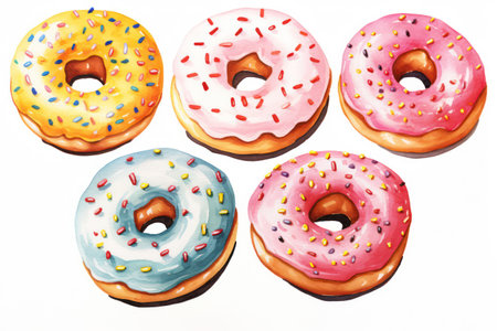 Sweet Pastry Delight: A Colorful Glazed Doughnut with Pink Icing and Sprinkles on a White Backgroundの素材