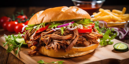 Delicious Pulled Pork Sandwich with Homemade Coleslaw on a Grilled Bun: Savory and Tasty American BBQ Delightの素材