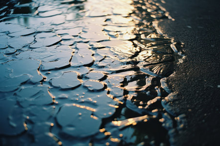 Old City Streets: Textured Pavement and Wet Cobblestone Path, Reflecting Urban Lights in a Dark Nightの素材