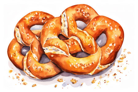 Delicious Bavarian Pretzel: A Tasty, Freshly Baked Snack with a Salty, Crusty Brown Crust, Perfect for Breakfast or a Healthy Lunch Meal, on a Traditional German Table Background.の素材
