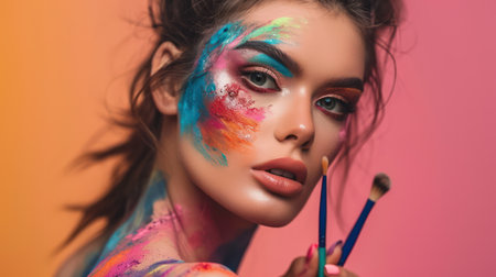 Colorful Beauty: A Young Womans Glamorous Portrait with Bright Red Lips and Artistic Make-up on a Creative Studio Backgroundの素材
