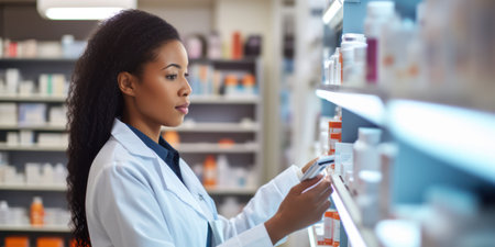 Professional Young Pharmacist at a Busy Medicine Store, Assisting Women with Health Care Needsの素材