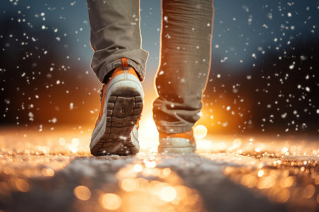 Snowy Footsteps: A Young Mans Active Winter Walk in the Frosty City Parkの素材