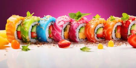 Delicious Japanese Salmon Sushi Roll on Fresh Rice with Assorted Seafood, Avocado, and Black Seaweed - A Gourmet Meal on a Traditional Plateの素材