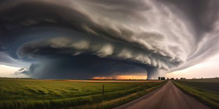 Stormy Weather: Dark Supercell Threatens Dramatic Landscape with Ominous Clouds and Tornado Formation over Texas Meadowの素材