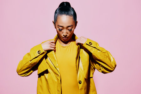 Woman model fashion pink shocked portrait yellow lifestyle style surprised trendy smile beauty