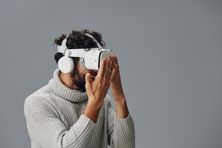 Device vr reality game technology wearable headset young virtual digital entertainment glasses innovationの写真素材