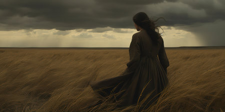 Solitary Beauty: A Young Female Model Embraces Freedom in a Romantic Outdoor Portrait at Sunset"の素材