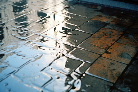 Raindrops Transforming Urban Streets: Wandering Refractions on Dark Pavement, Reflecting the Blue City Lightsの素材