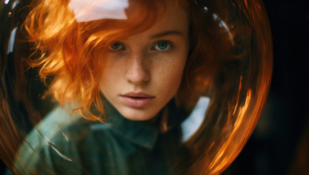 Red-haired Beauty: A Cute and Pretty Female Model with Curly Long Hair, Sporting a Romantic Smile in a Calm Autumn Park.の素材