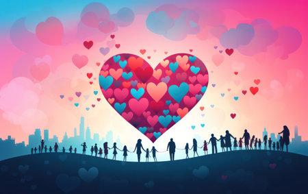 Love is in the Air: A Romantic Valentines Day Card Design with Red Hearts and Illustrations of Couples Celebrating Love and Romance against a Colorful Abstract Backgroundの素材