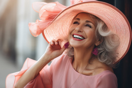 Cheerful Mature Caucasian Grandma Posing Outdoors with Stylish Red Hat and Sunglasses, Radiating Happiness and Beauty on Nature Backgroundの素材