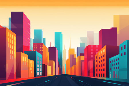 Urban Landscape, Modern Skyscrapers: A Vibrant City Street with Business District in a Retro Cartoon Illustration.の素材