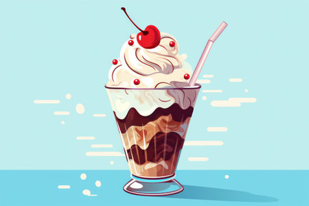 Sweet Cream Dessert: Tasty Delight with Fresh Cherry and Chocolate, Served in a Cold Milkshake Glassの素材